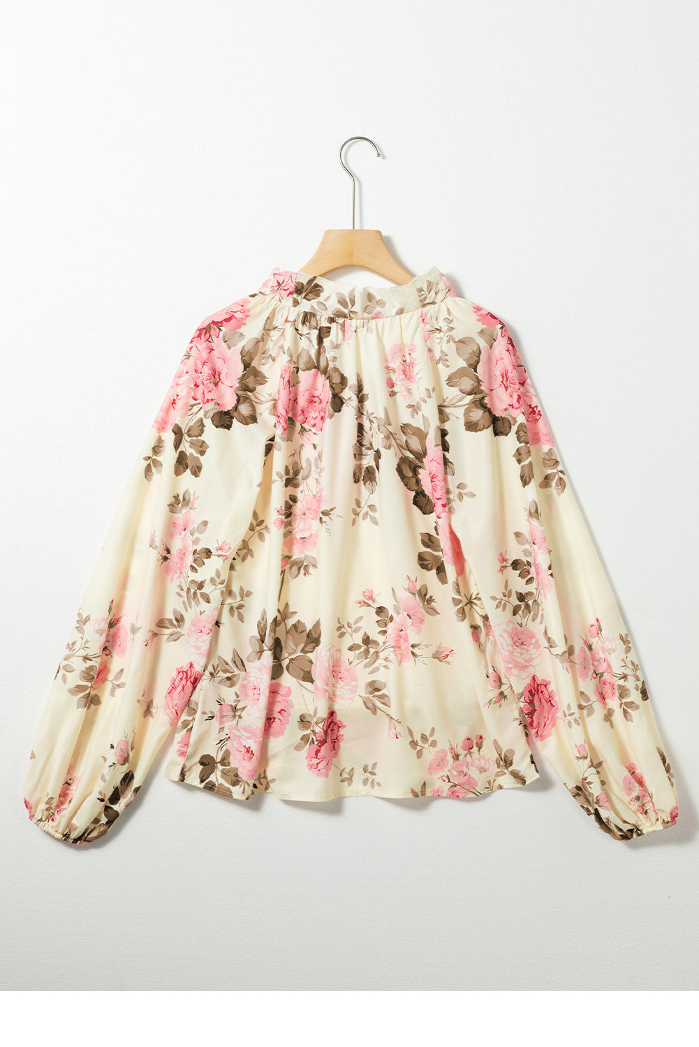 Beige Floral Print Lantern Sleeve V-Neck Blouse