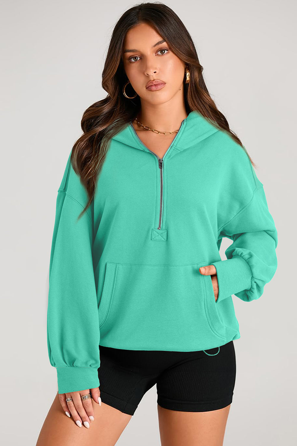 Smoke Green Solid Kangaroo Pocket Half Zipper Oversized Hoodie