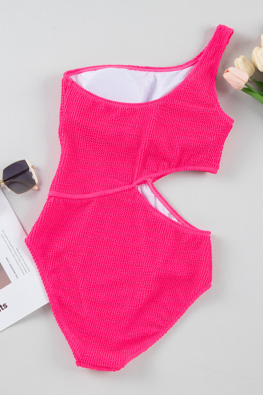 Bright Pink Solid Textured Cut Out One Shoulder Monokini