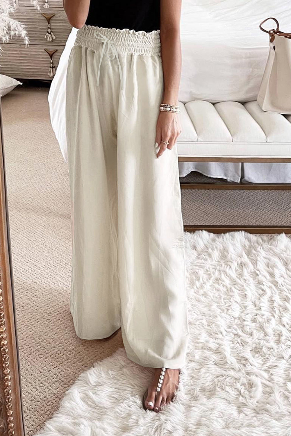 Beige Smocked High Waist Wide Leg Pants