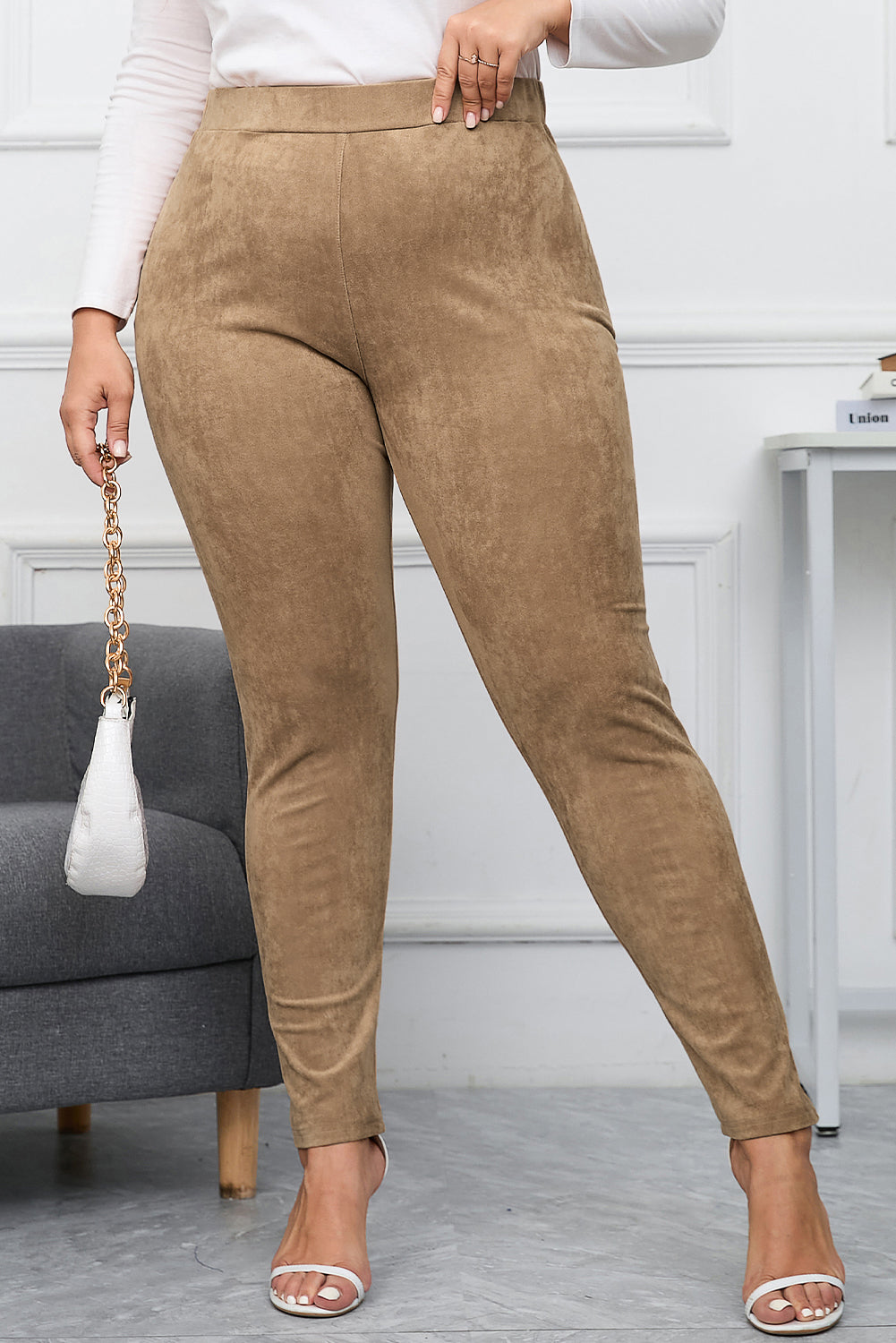 Camel Plus Size High Rise Faux Suede Skinny Pants