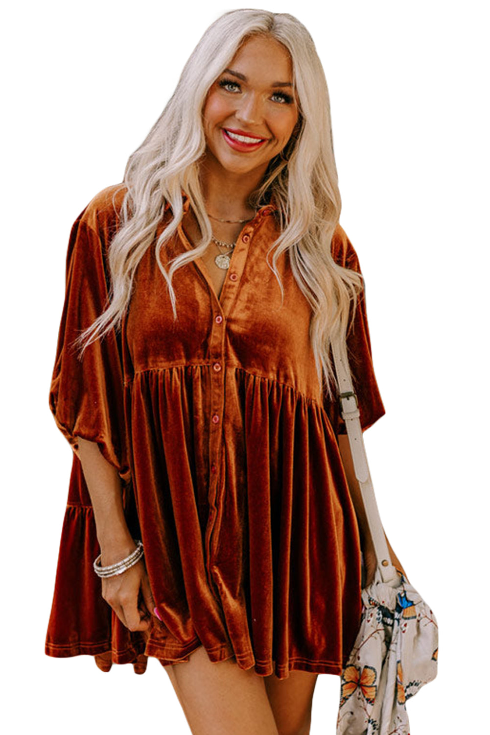 Pitaya Pink 3/4 Sleeve Tunic Babydoll Velvet Shirt