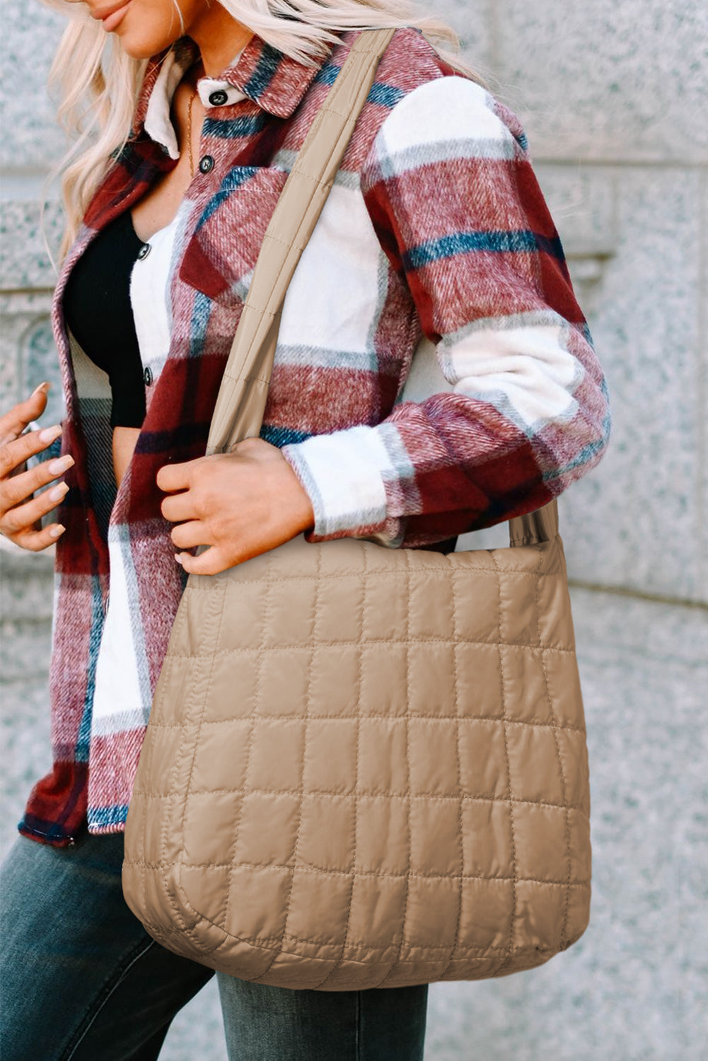 White Quilted Zipper Large Shoulder Bag