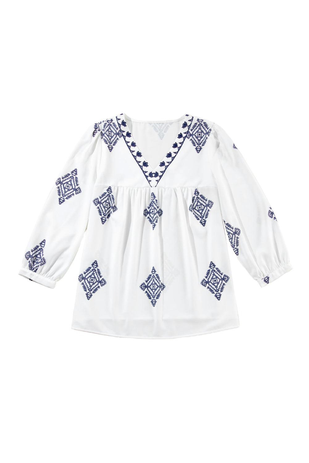 White Boho Geometric Print Bracelet Sleeve V Neck Blouse