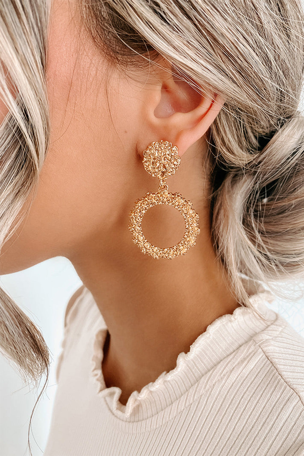 Gold Glittering Circle Dangle Earrings