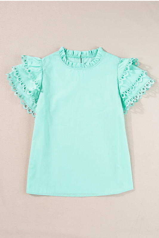 Beau Blue Layered Ric Rac Cap Sleeve Filled Neck Blouse