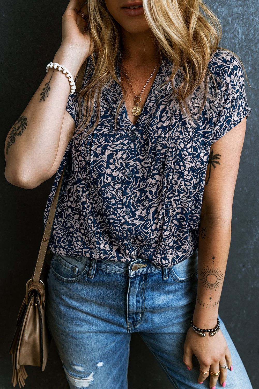 Blue Abstract Print Buttoned V Neck Short Sleeve Blouse