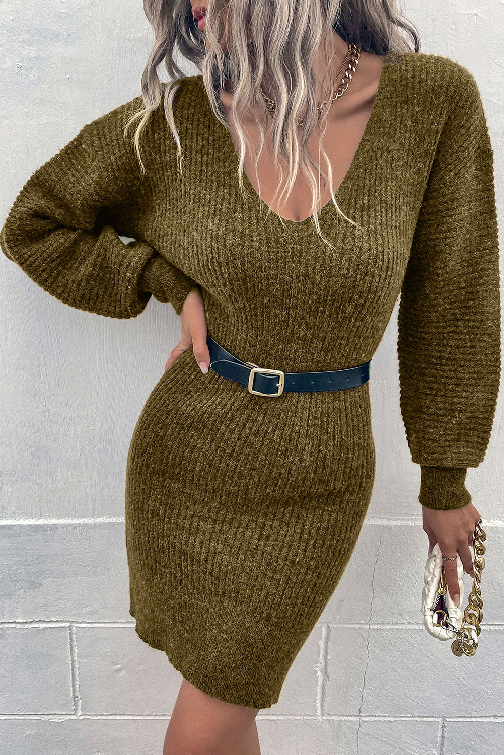 Gray V Neck Bodycon Sweater Dress