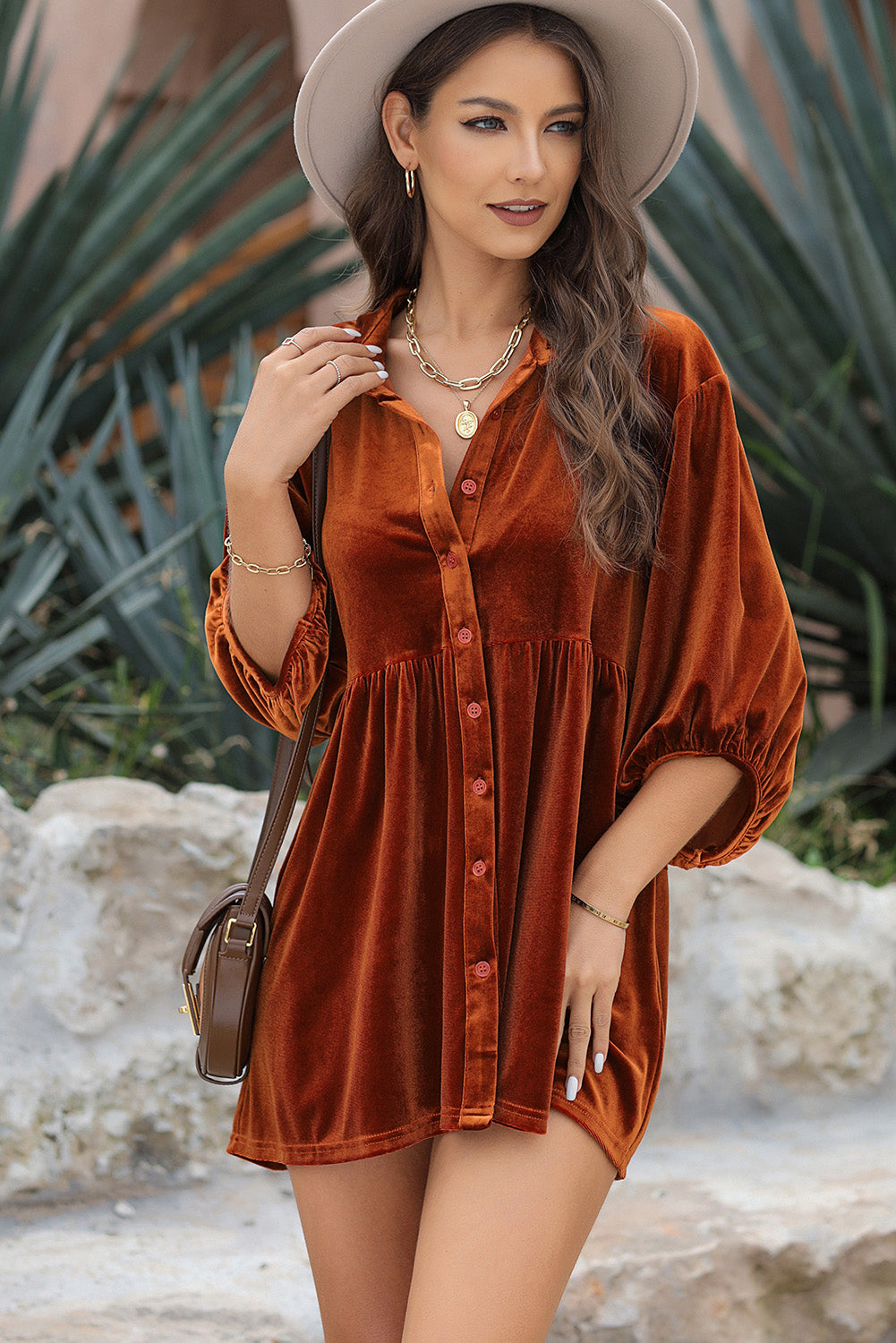 Pitaya Pink 3/4 Sleeve Tunic Babydoll Velvet Shirt