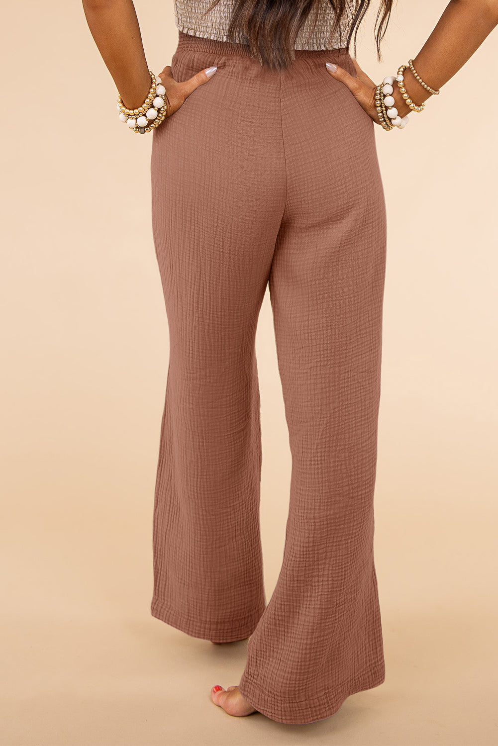 Khaki Textured High Waist Wide Leg Plus Size Pants