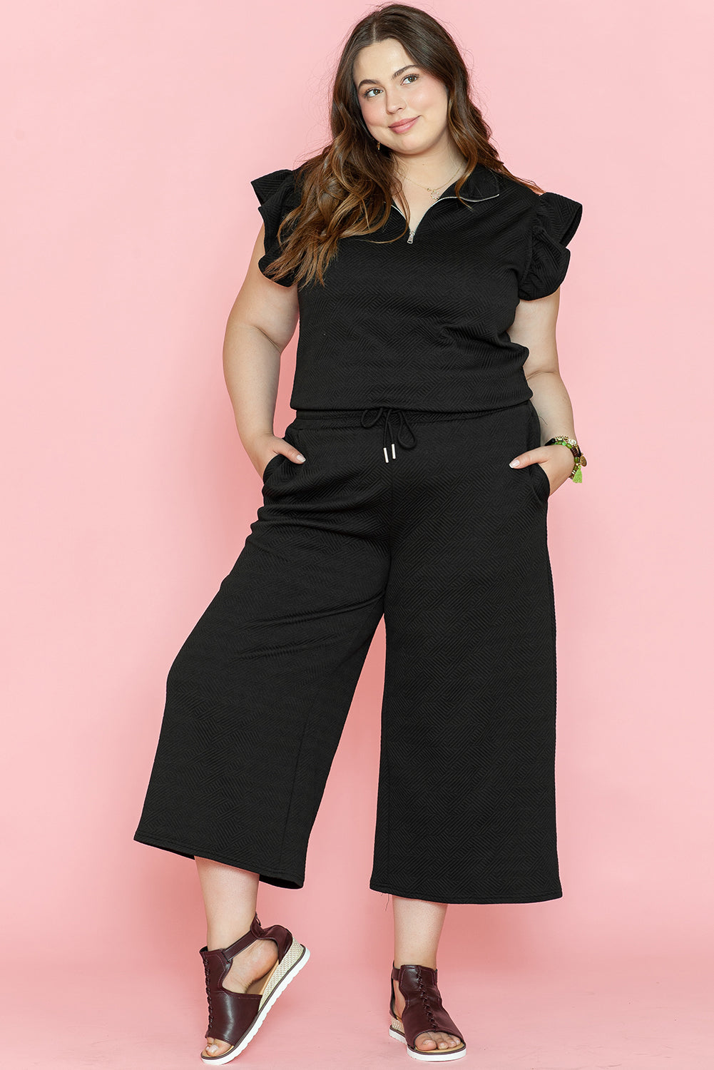 Black Plus Ruffled Sleeve Quarter Zip Top Wide Leg Pants Set