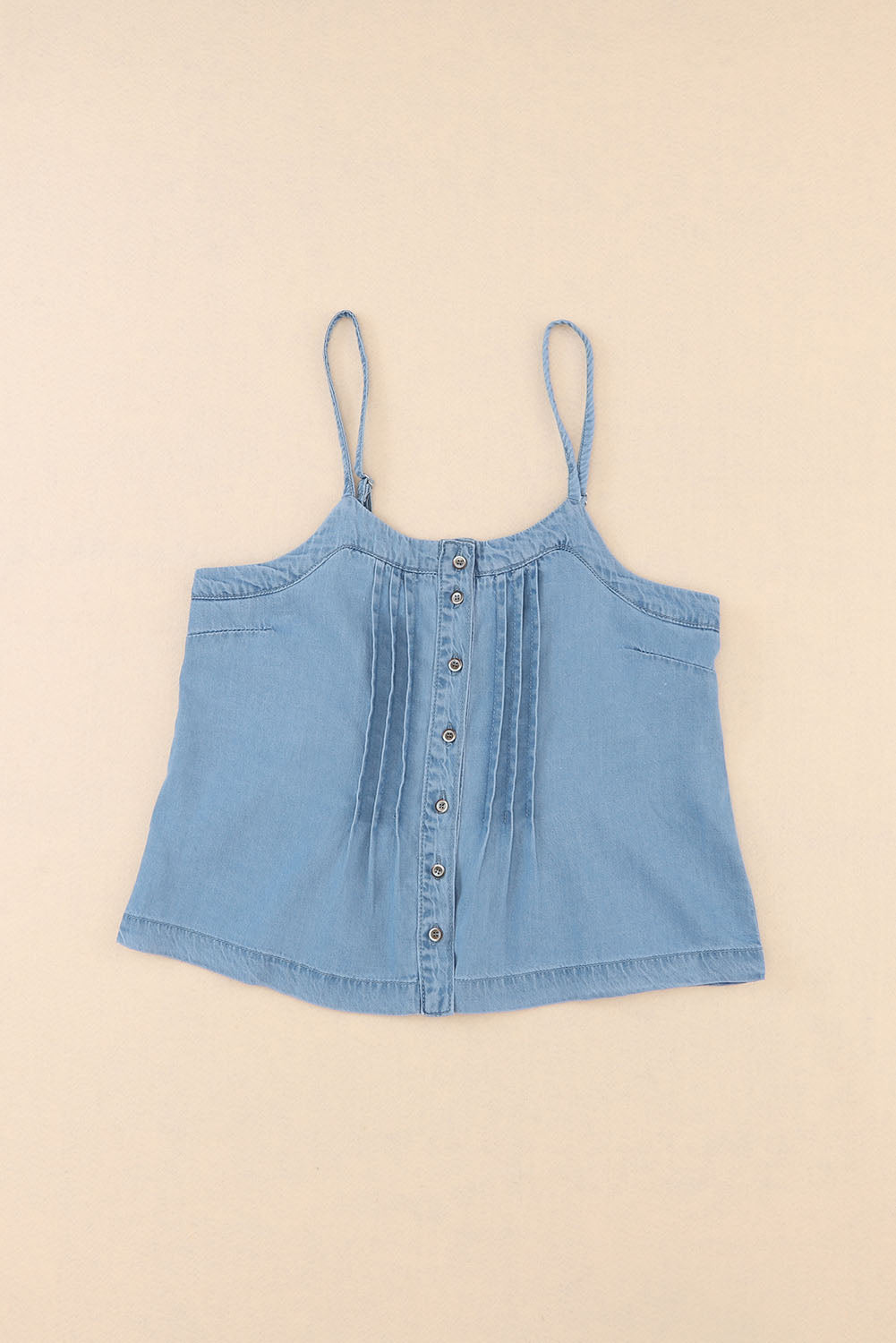 Sky Blue Pleated Buttons Denim Tank Top