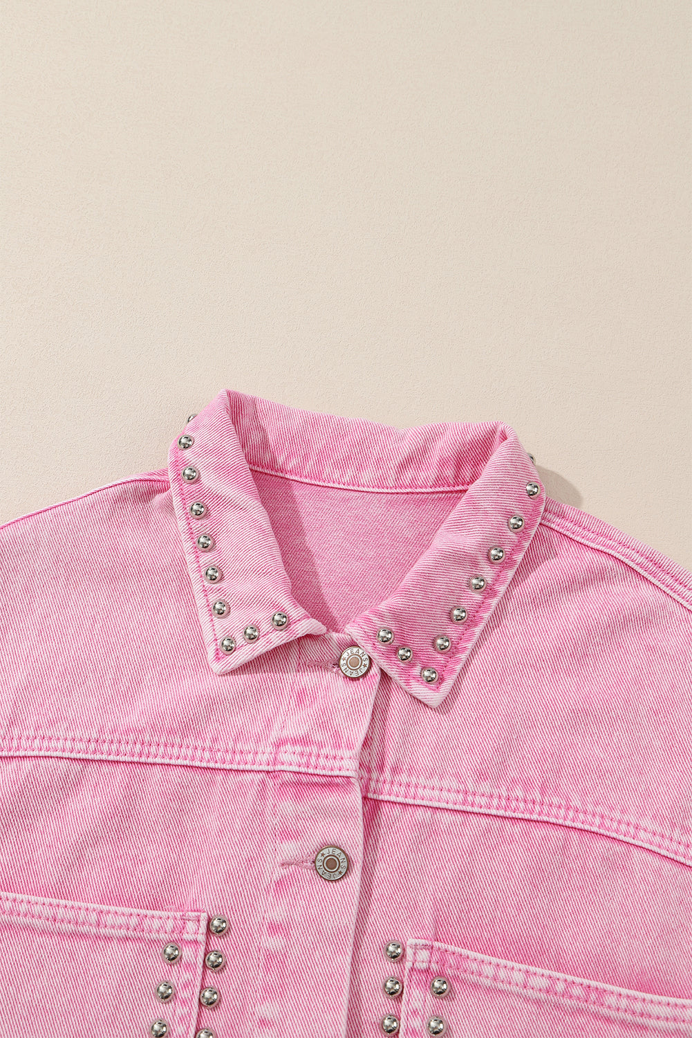 Light French Beige Rivet Studded Pocketed Denim Jacket