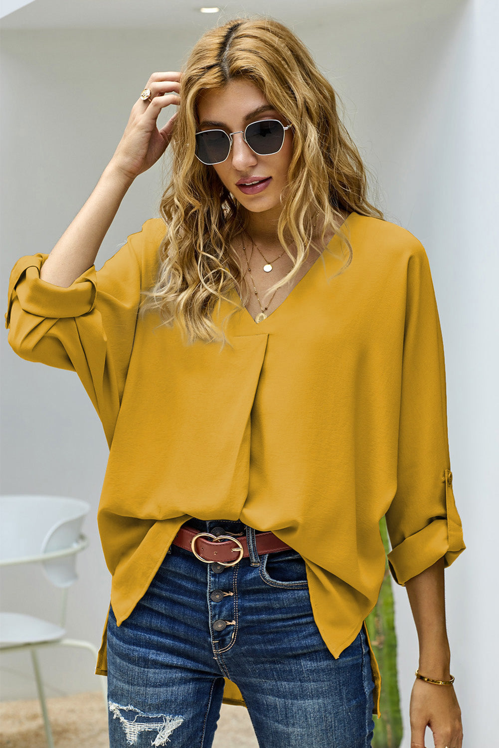 Blue V Neck 3/4 Sleeve High Low Hem Shirt