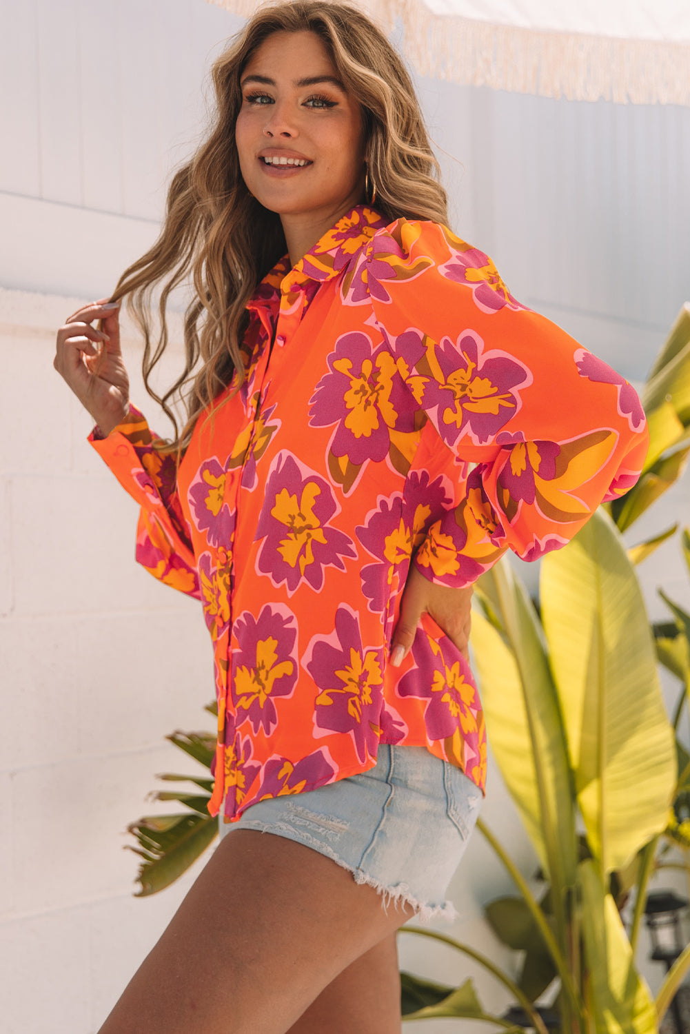 Fiery Red Floral Print Lantern Sleeve Shirt