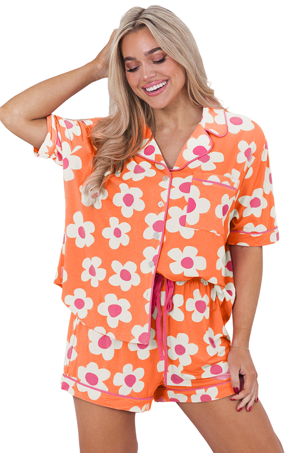 Pink Flower Print Short Sleeve Shirt Pajamas Set