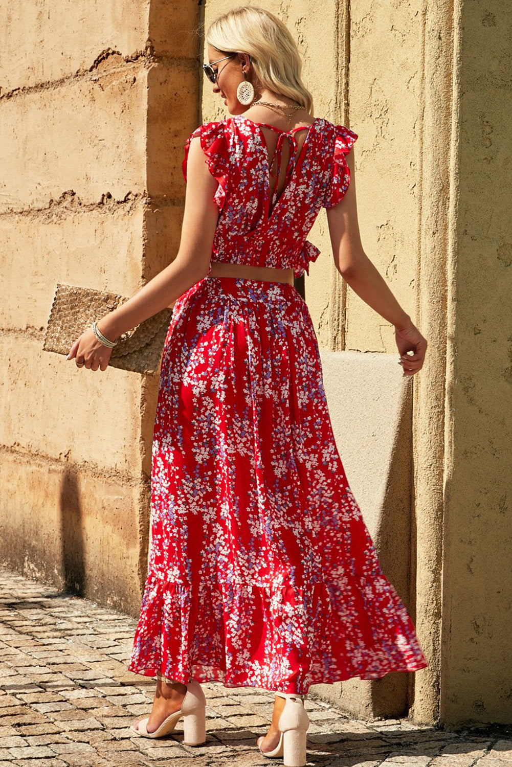 Fiery Red Multicolor Floral Ruffled Crop Top and Maxi Skirt Set