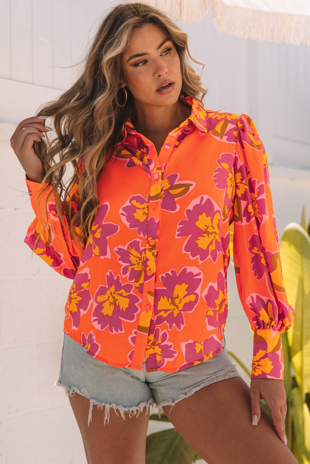 Fiery Red Floral Print Lantern Sleeve Shirt