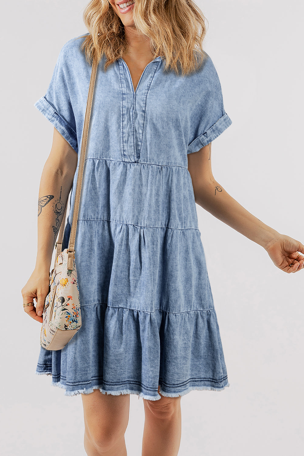 Sky Blue Acid Wash V Neck Tiered Denim Dress