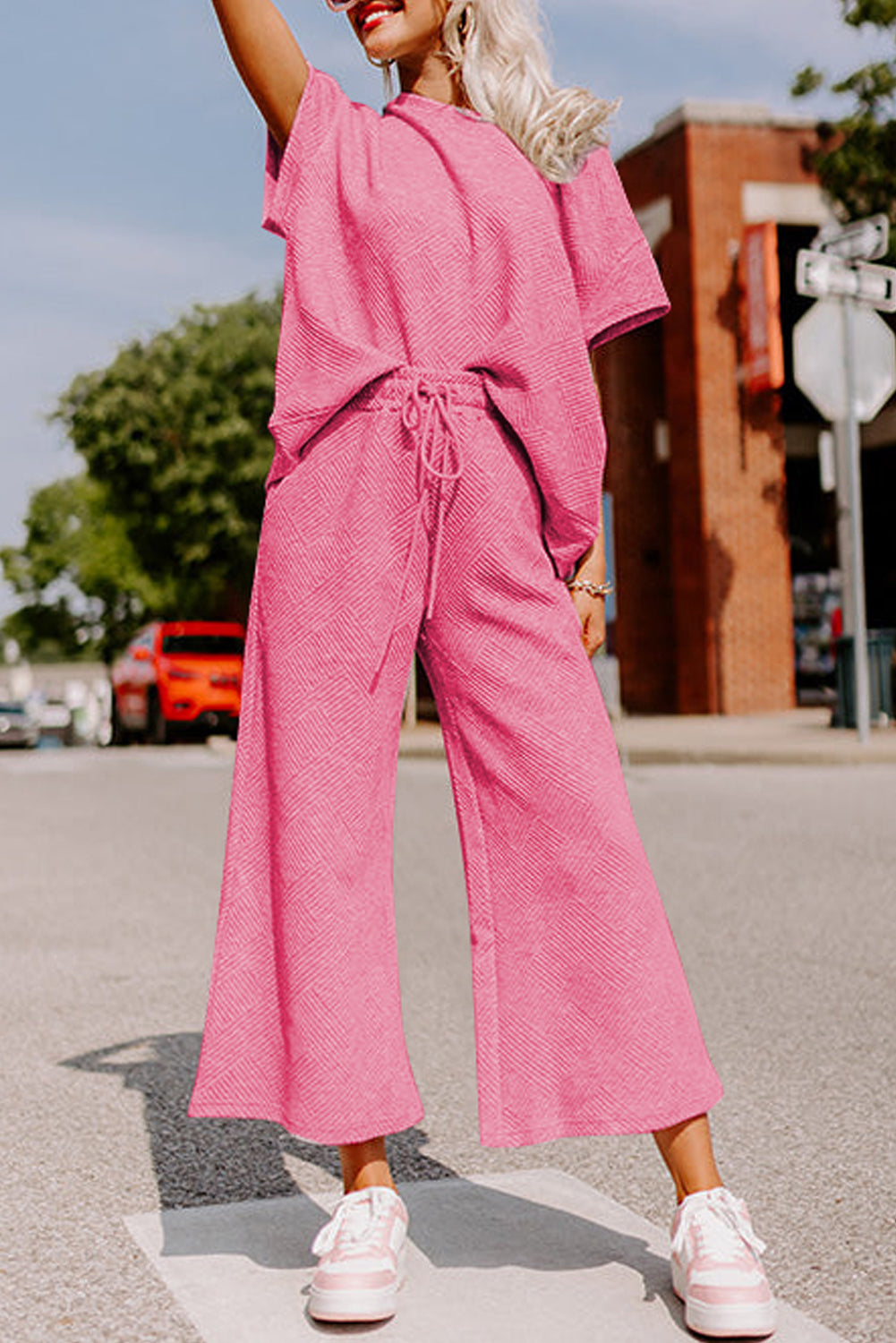 Gray Textured Loose Fit T Shirt and Drawstring Pants Set