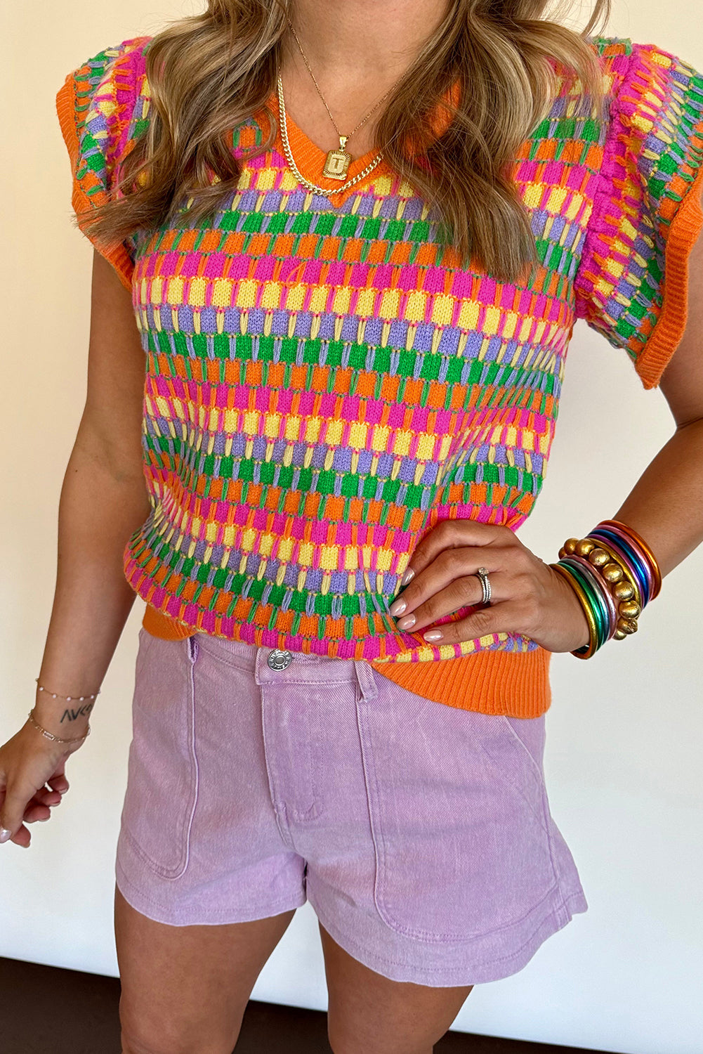 Green Multicolor Flutter Sleeve Knitted Sweater Top