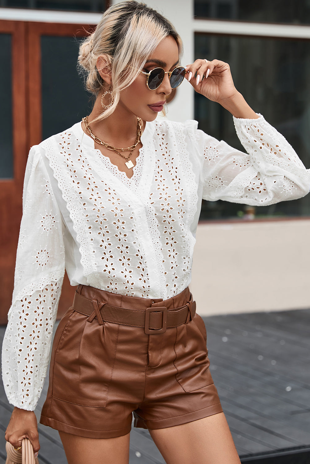 White Eyelet Lace Puff Sleeve Split Neck Blouse