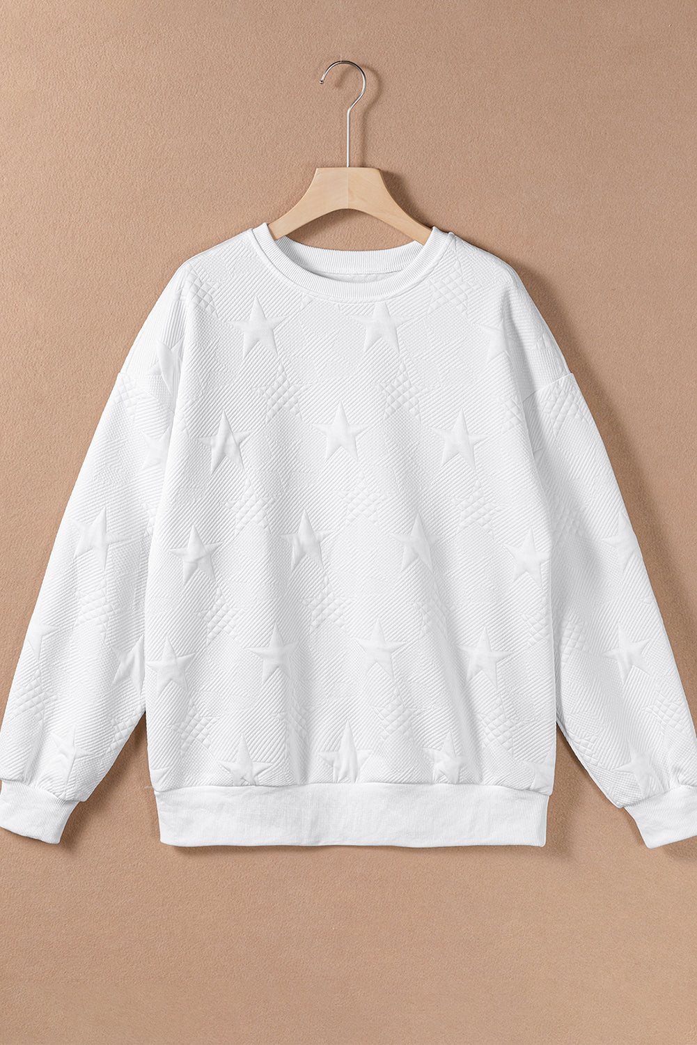 Peach Blossom Star Embossed Textured Drop Shoulder Sweatshirt