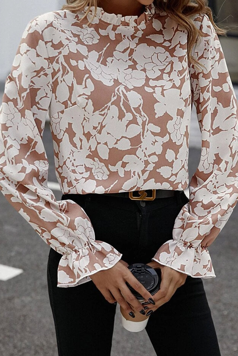 White Floral Print Frilled Neckline Flounce Sleeve Blouse