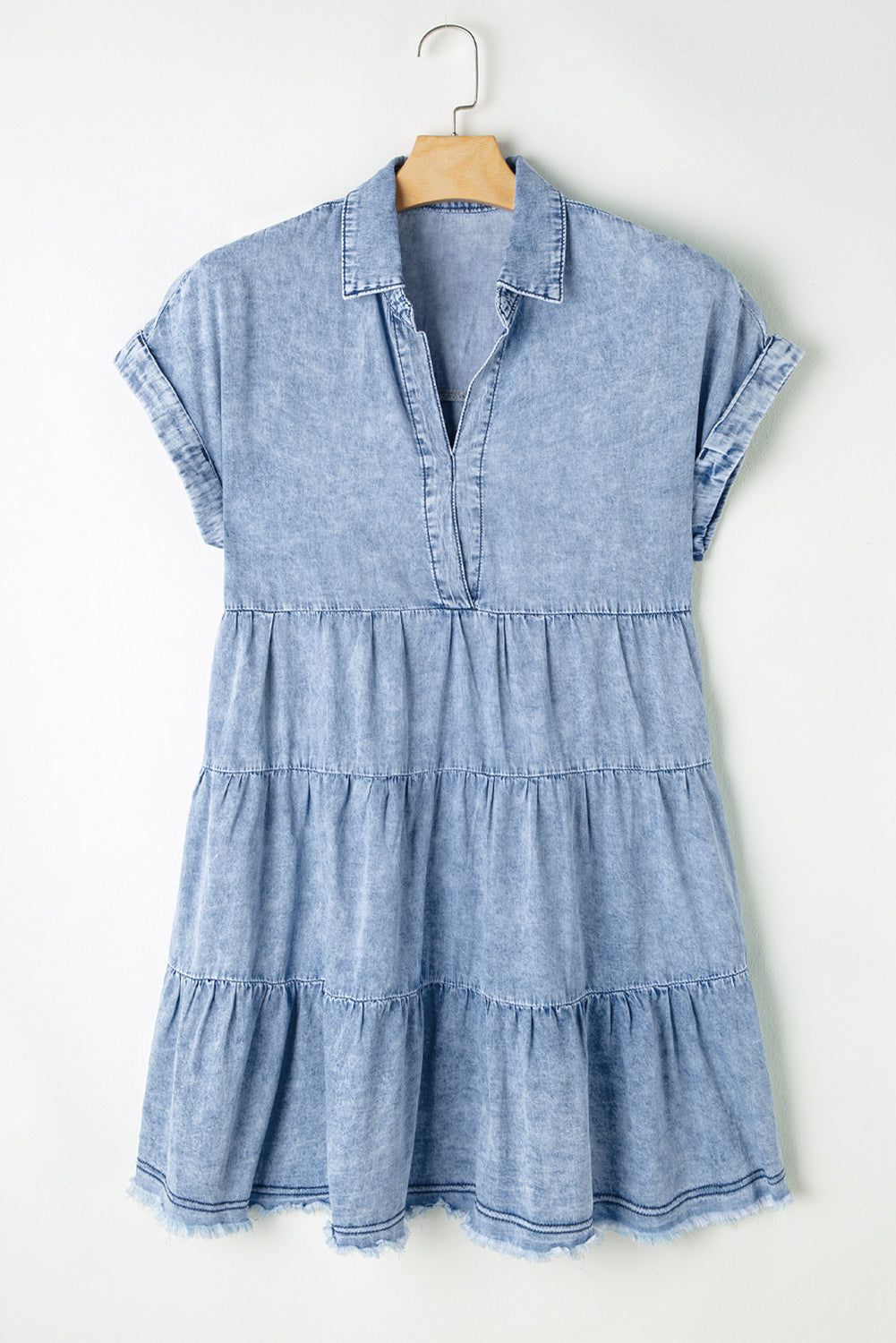 Sky Blue Acid Wash V Neck Tiered Denim Dress