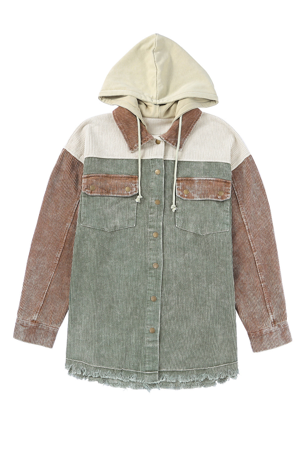 Khaki Patchwork Hooded Corduroy Shacket