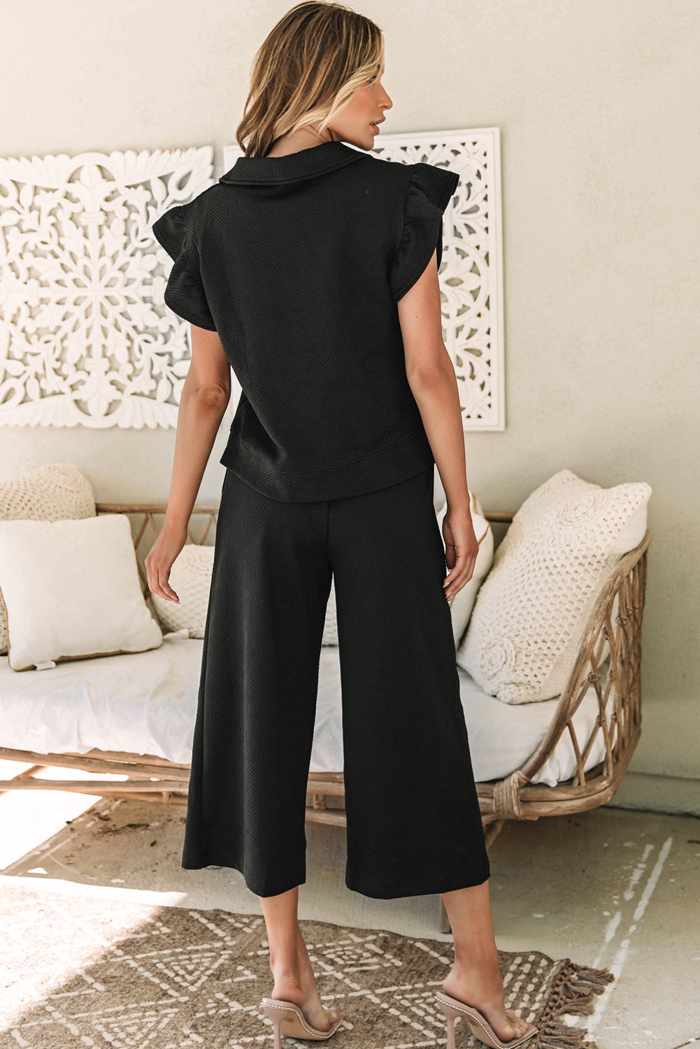 Navy Blue Textured Flutter Sleeve Top Wide Leg Pants Set