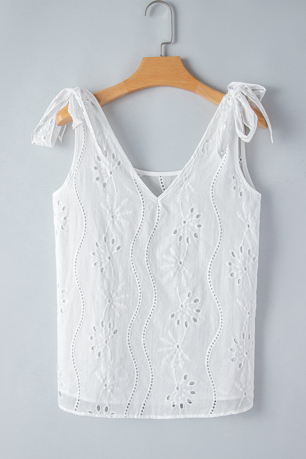 White Embroidery Patterned Knotted Straps V Neck Tank Top