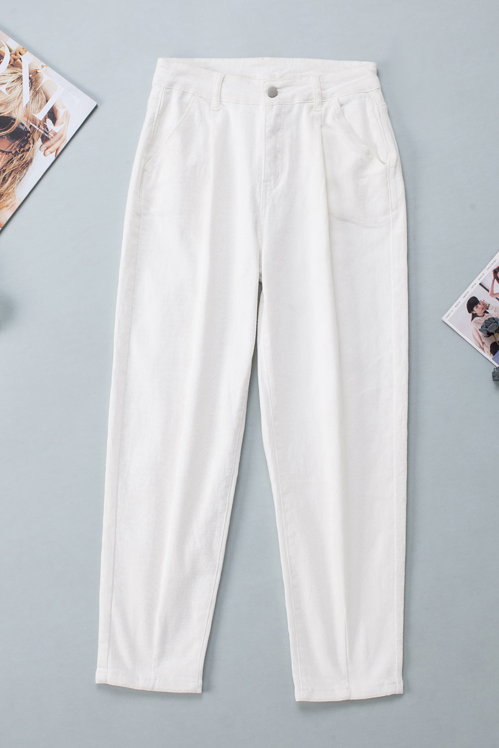 White Solid High Waist Casual Pants