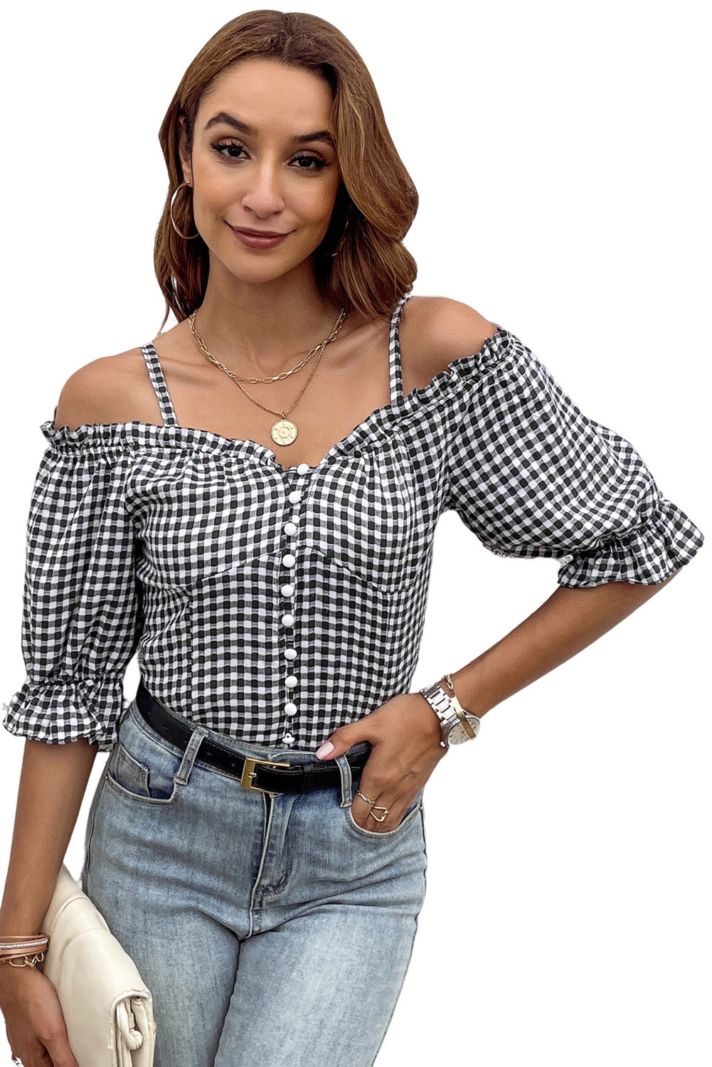 Black Sweetheart Gingham Button Down Cold Shoulder Blouse