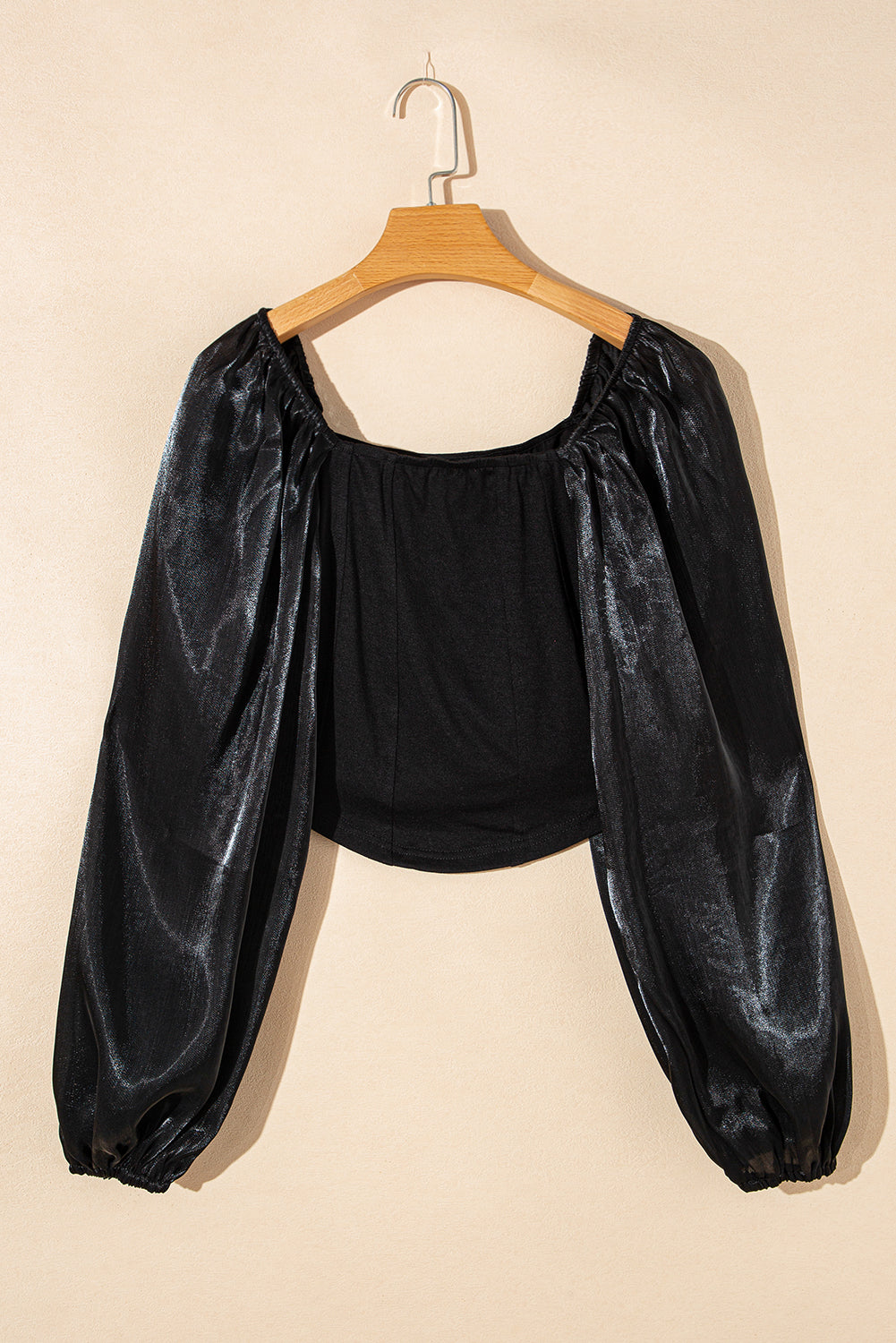 Black Sheer Lantern Sleeve Square Neck Top