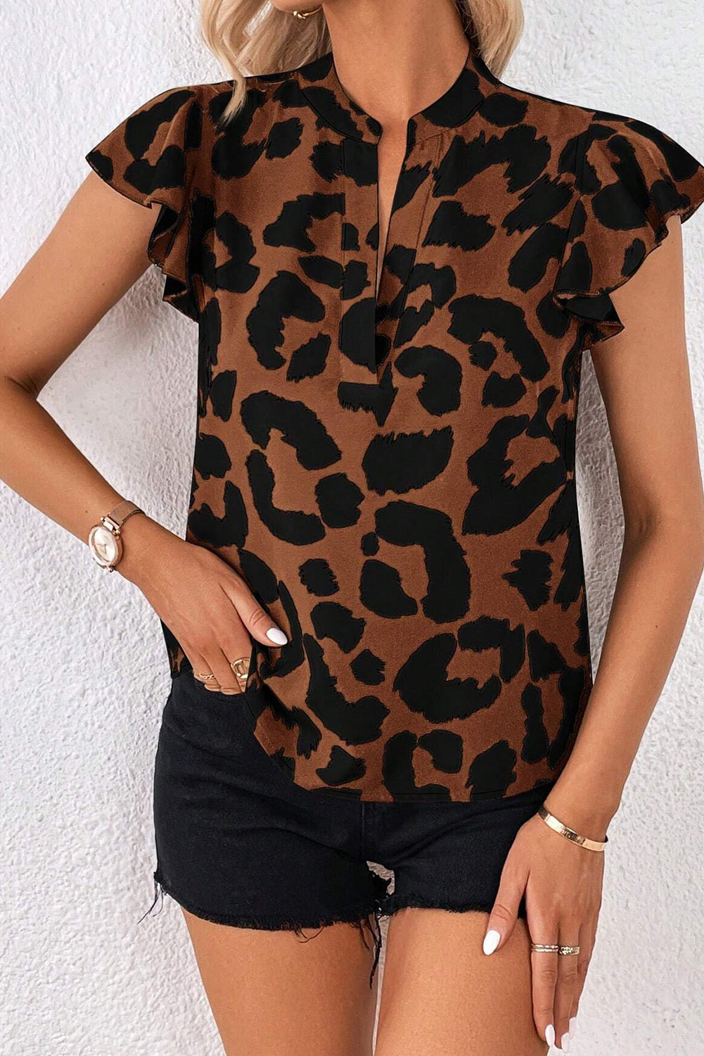 Black Leopard Ruffled Flutter Sleeve Split Neck Blouse