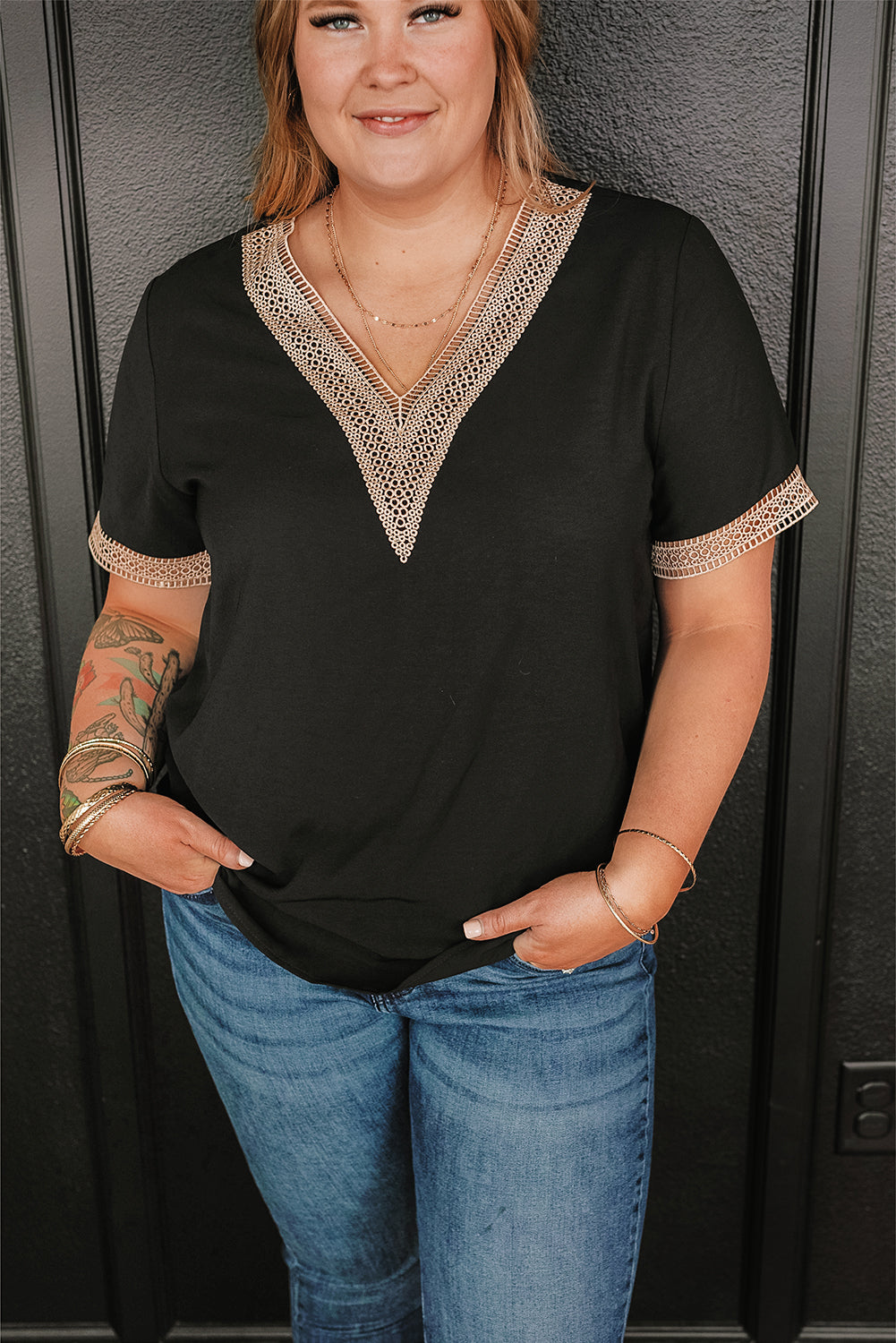 Black Lace Trim Short Sleeve V Neck Plus Size Top