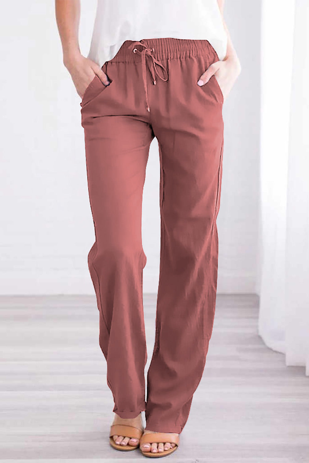 Pink Drawstring Elastic Waist Pockets Long Straight Legs Pants