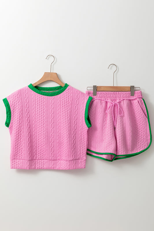 Green Contrast Trim Cable Textured Shorts Set