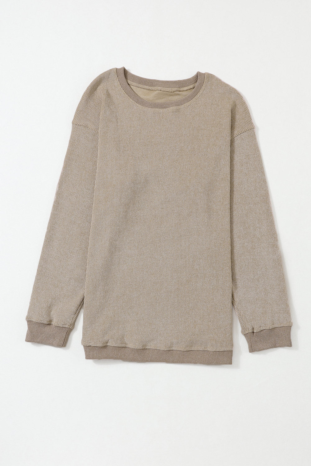 Pink Solid Ribbed Knit Round Neck Pullover Sweatshirt