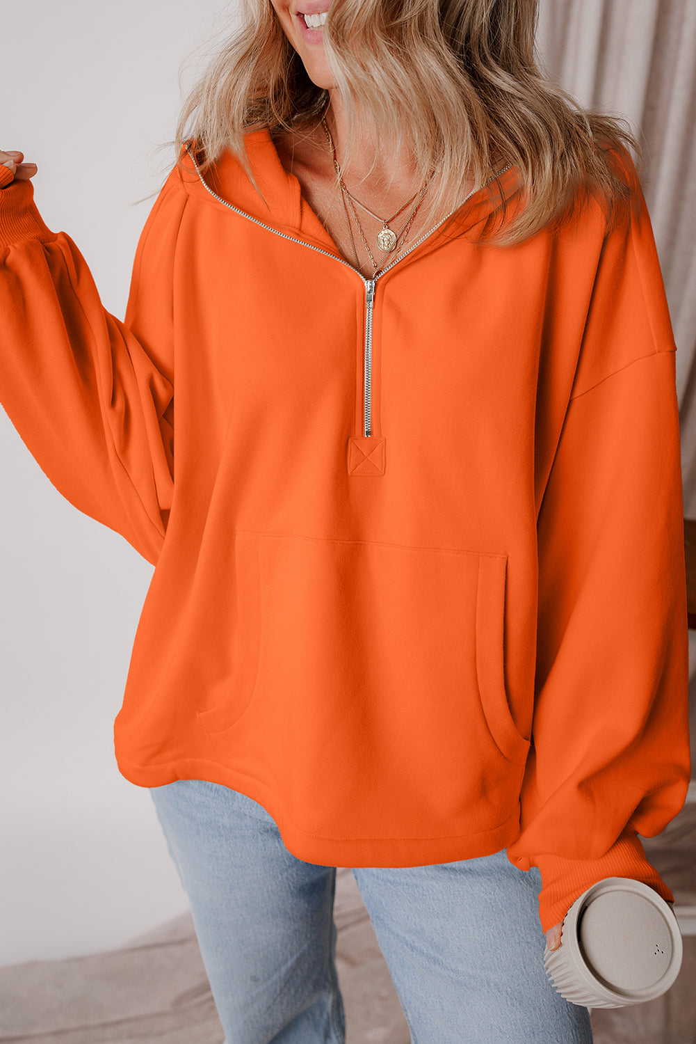 Beige Fleece Lined Half Zipper Kangaroo Pockets Loose Hoodie