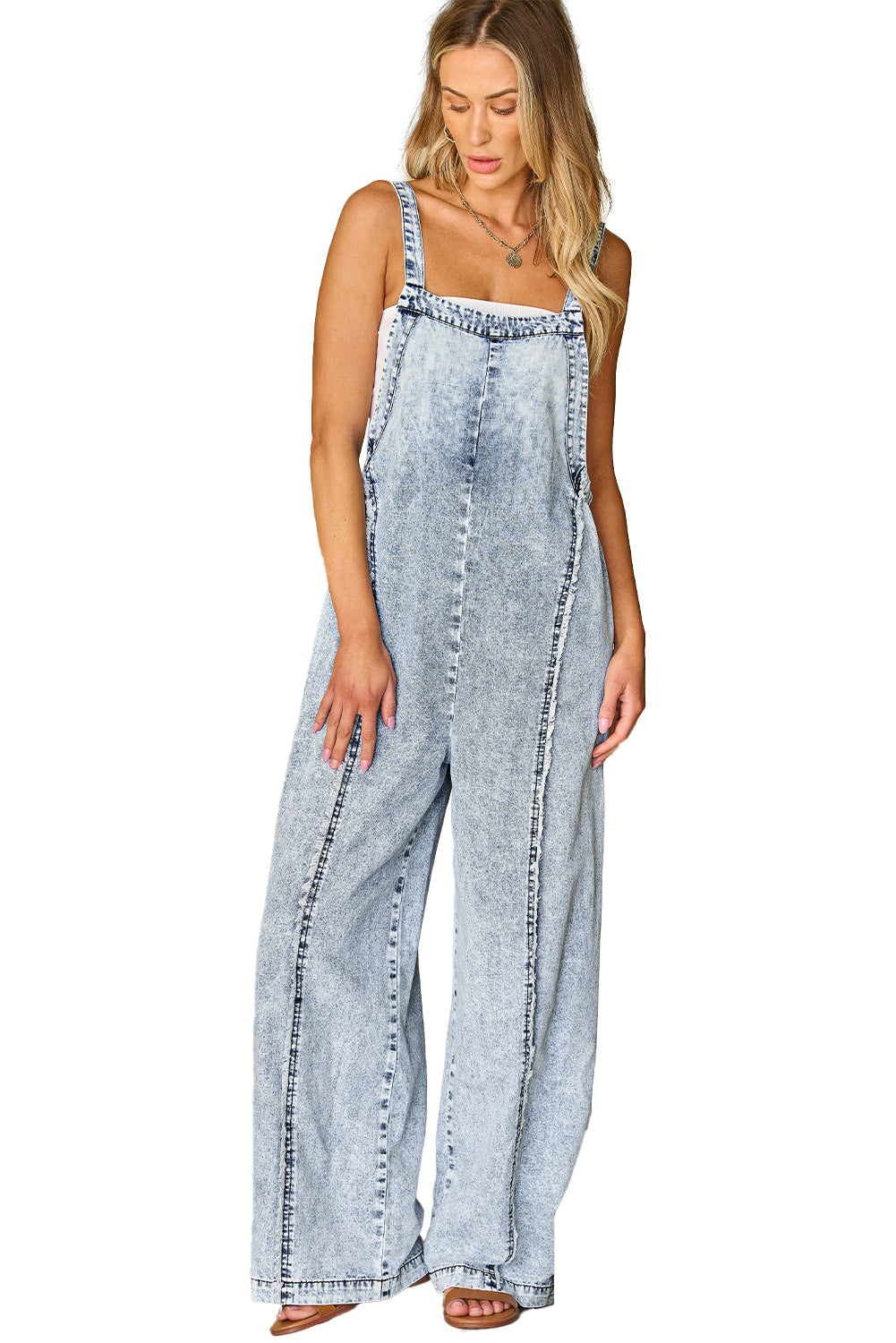 Beau Blue Light Wash Frayed Exposed Seam Wide Leg Denim Overall