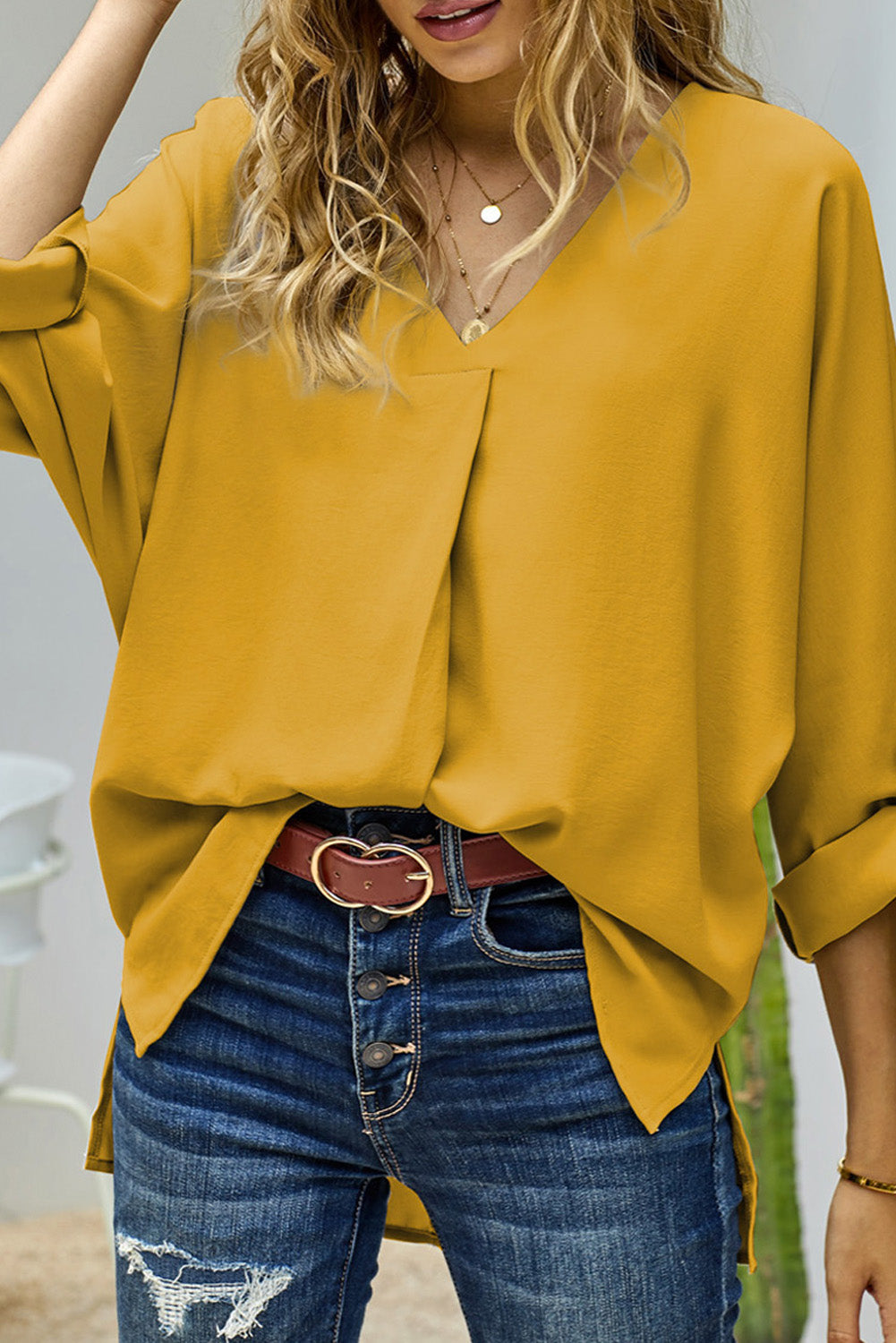Blue V Neck 3/4 Sleeve High Low Hem Shirt