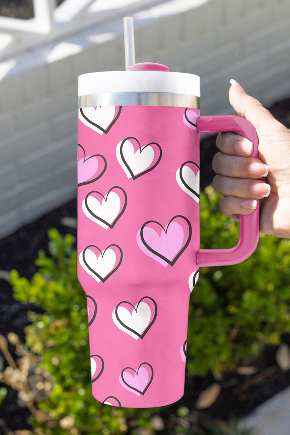 Rose Red Heart Printed Thermos Cup with Handle 40oz