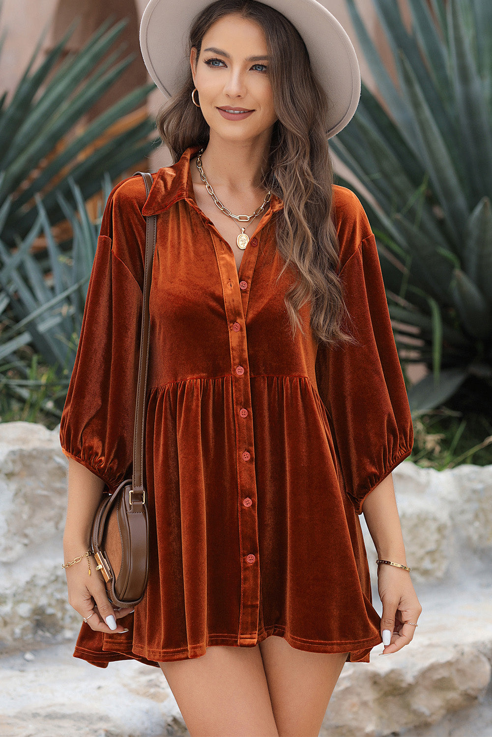 Pitaya Pink 3/4 Sleeve Tunic Babydoll Velvet Shirt