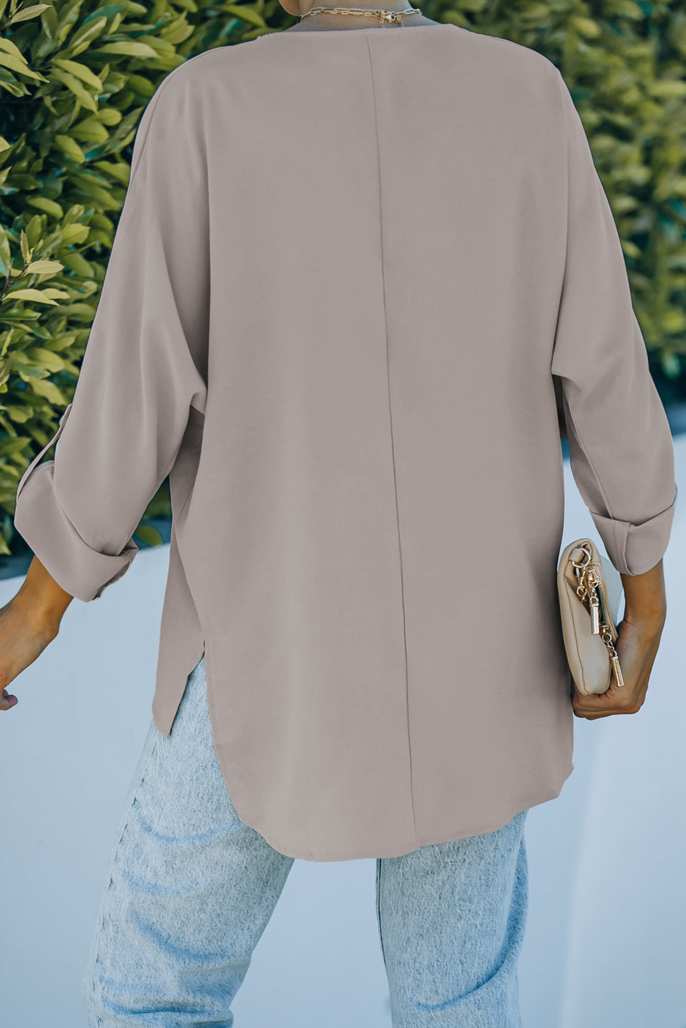 Blue V Neck 3/4 Sleeve High Low Hem Shirt