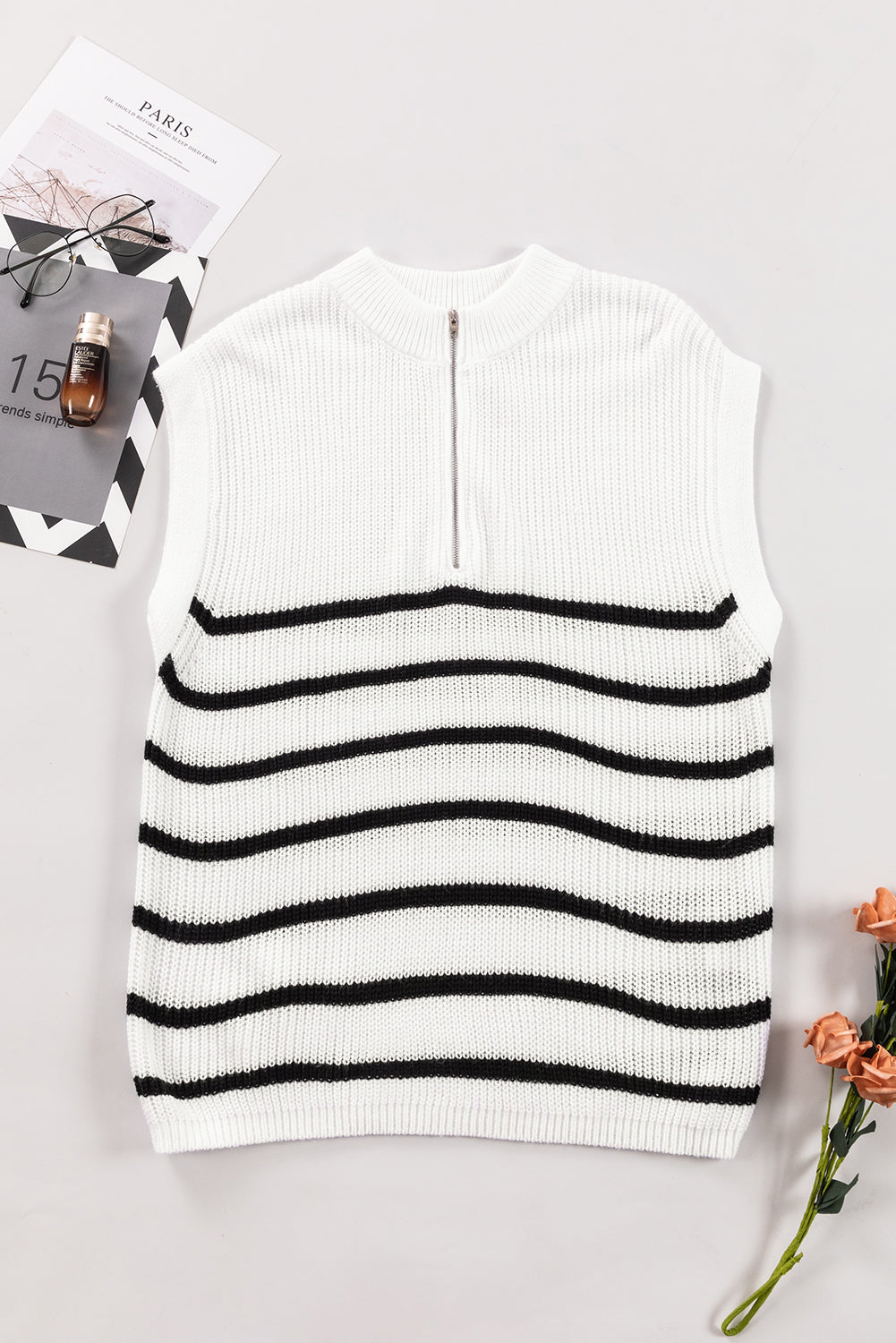 White Stripe Half Zip Split Stand Neck Sweater T-shirt