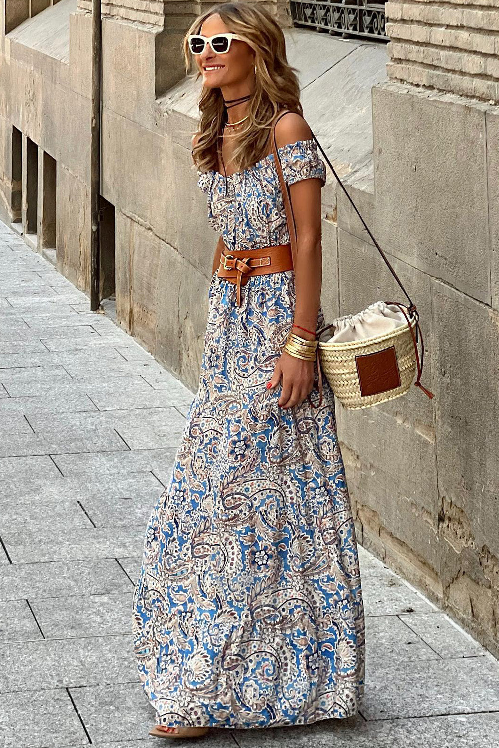 Pink Boho Paisley Print Off Shoulder Maxi Dress