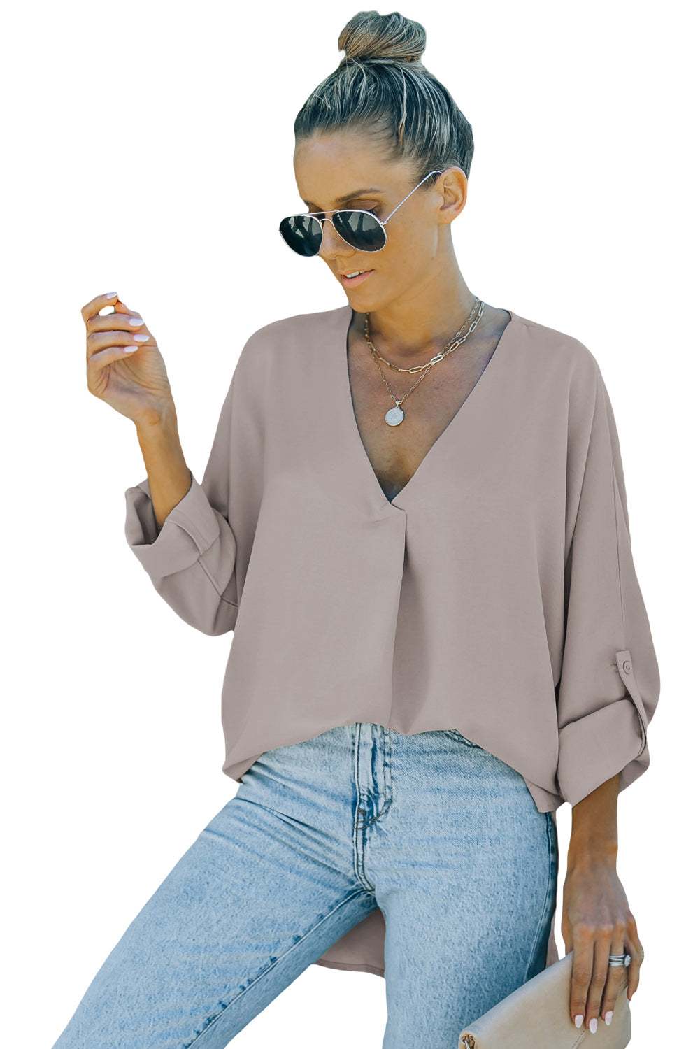 Blue V Neck 3/4 Sleeve High Low Hem Shirt