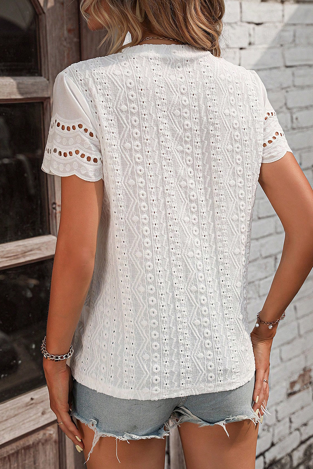 White Eyelet Embroidery Scalloped Short Sleeve Top